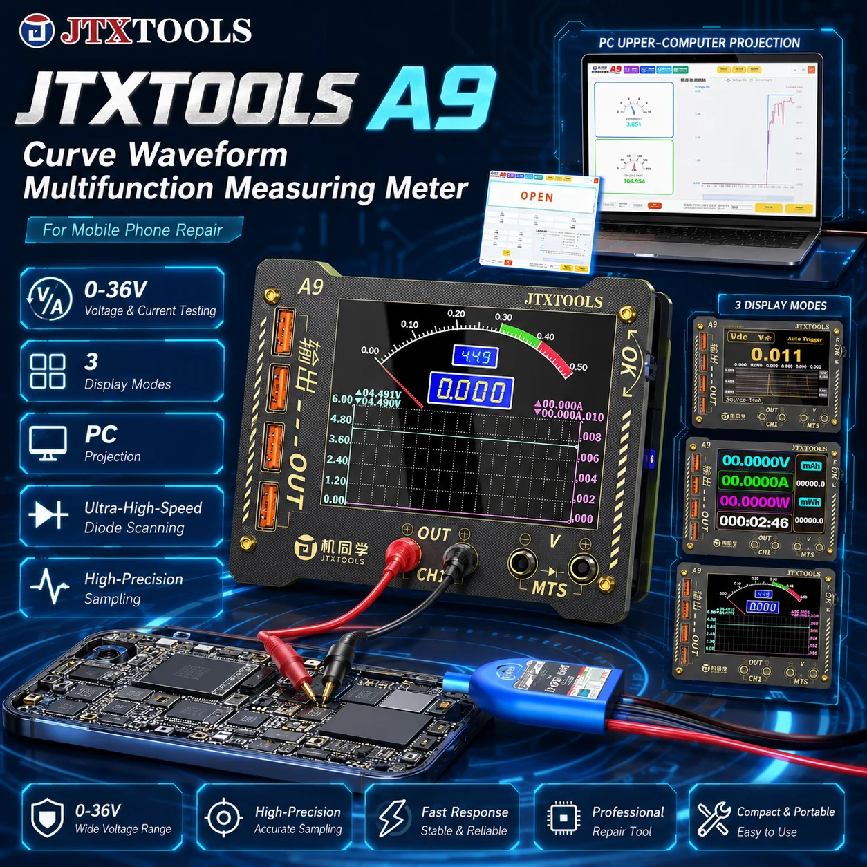 

JTXTOOLS A9 Curve Waveform Measuring Meter 0-36V Voltage Current Tester Digital Display Diode Scan for Phone PCB Repair