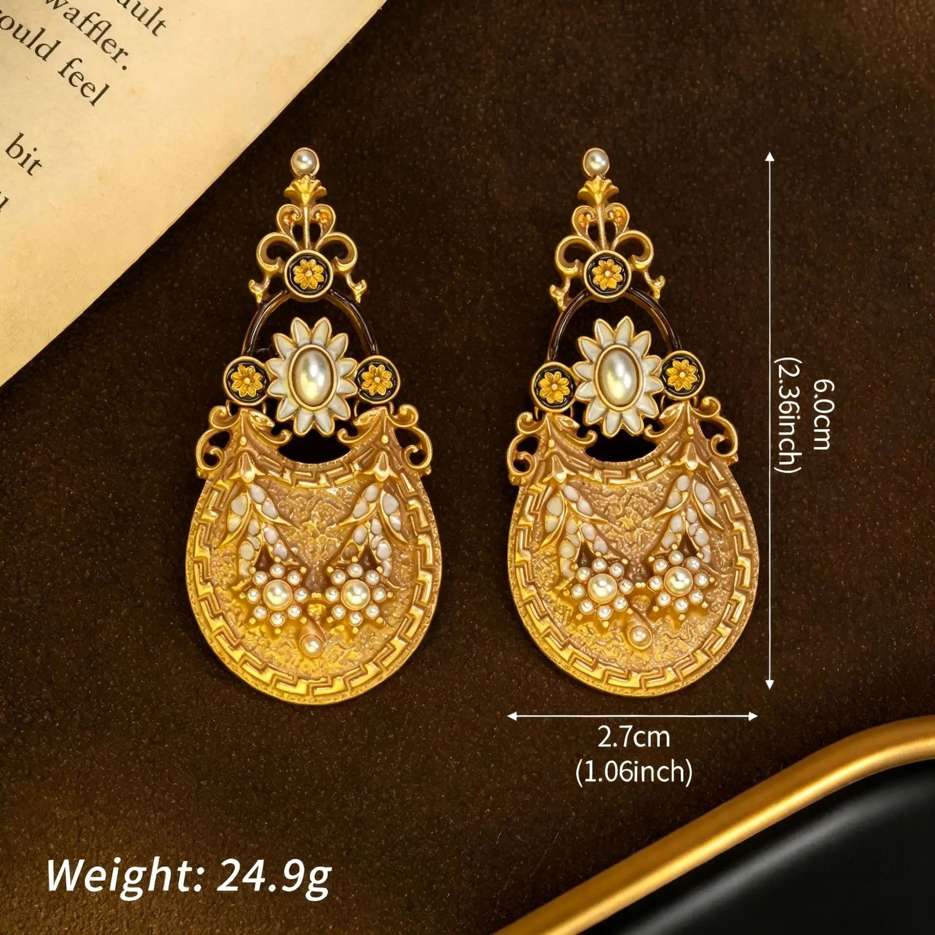 Medieval vintage embossed pearl earrings hollow palace style long earrings carved earrings for women
