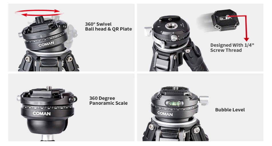 COMAN Zero F38 Carbonfaser-Stativ Leichtes Kugelkopf-Stativ für DSLR-Kameras mit Schnellwechselplatte für Smartphone iPhone – Detail 4