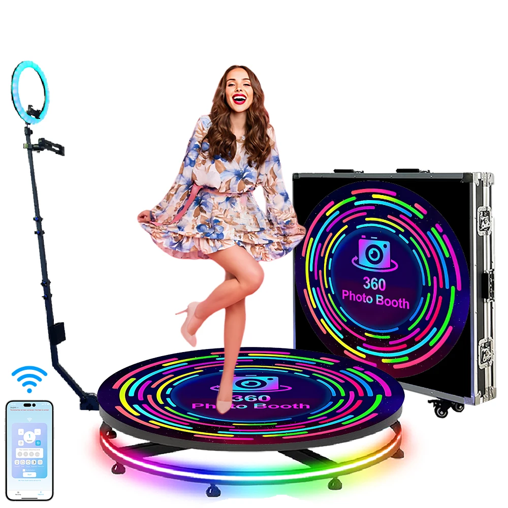 360 Photo Booth Machine 68-115cm with RGB Ring Light, Free Logo, 360 Video Photo Booth for 1-5 People with Flight Case