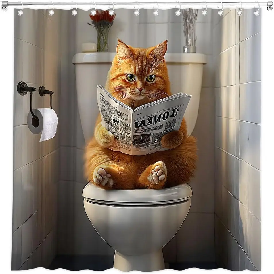 مضحك القط دش الستار البرتقالي القط على المرحاض قراءة صحيفة جميل هريرة لطيف الحيوانات الأليفة ستارة حمام النسيج اكسسوارات الحمام #4