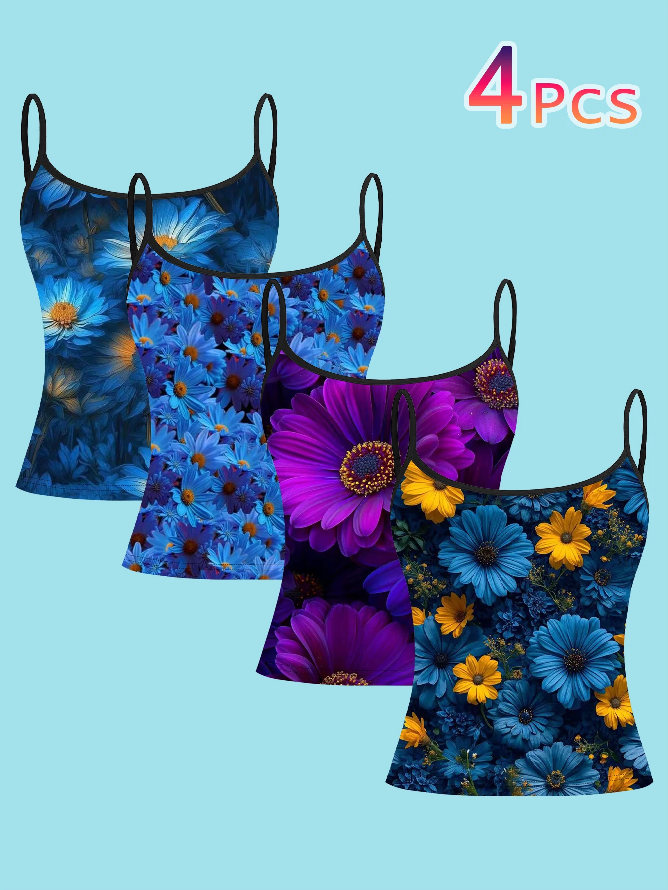 Women's 4-Piece Set of Printed Camisoles: Dark Blue Large Daisies, All-Over Blue-Purple Small Daisies, Giant Purple Gerbera, Blue and Yellow Mixed Daisy Pattern, Slim-Fit, Flattering, Outerwear, Sleeveless Tops