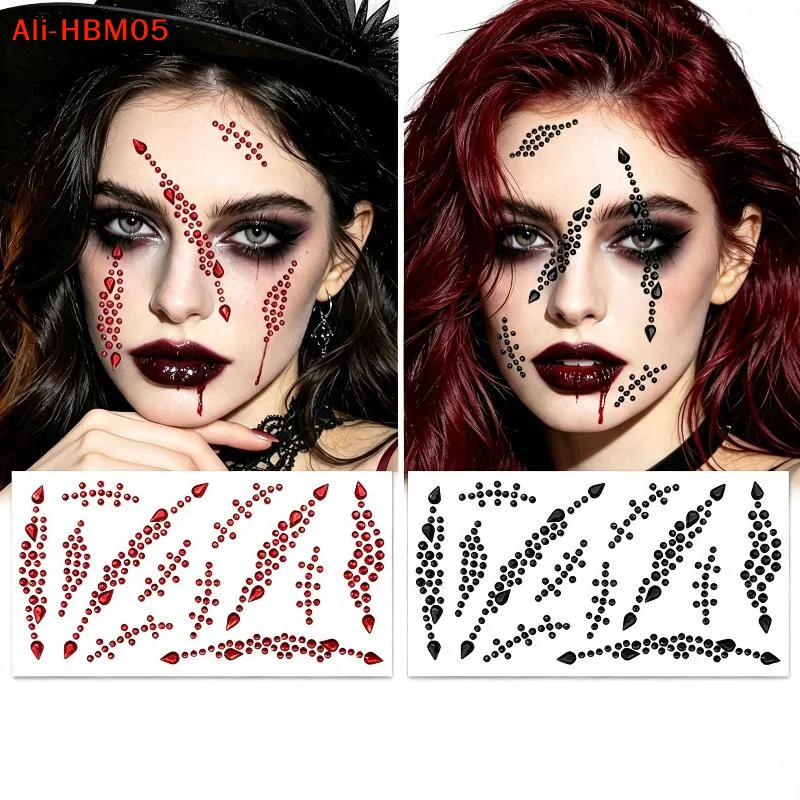 (HB05)1Pc Halloween Face Rhinestone Sticker Red Black Spider Web Cross Scar Self-adhesive Gem Decal Horror Cosplay Makeup Sticke