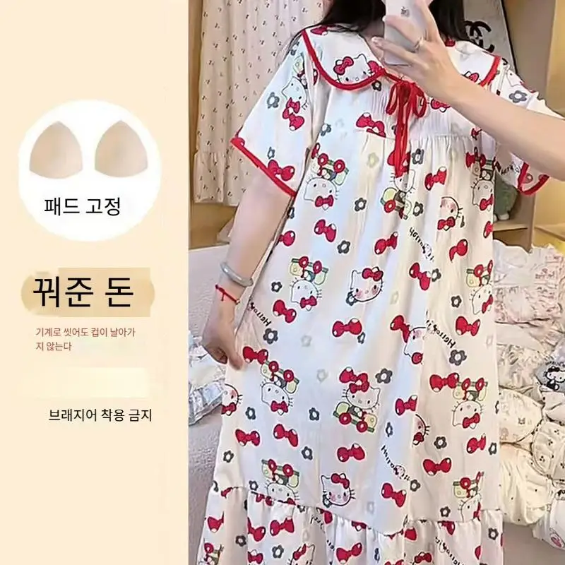 

Летняя ночная рубашка Sanrios, кавайные пижамы Hello Kitty для девочек с нагрудником, платье средней длины, тонкая домашняя одежда, подарок на день рождения