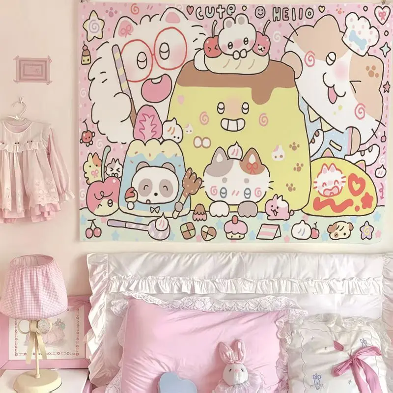 An adorable laundry rabbit wall hanging cartoon cute creature little rabbit with a background cloth. Decorative tapestry for bed