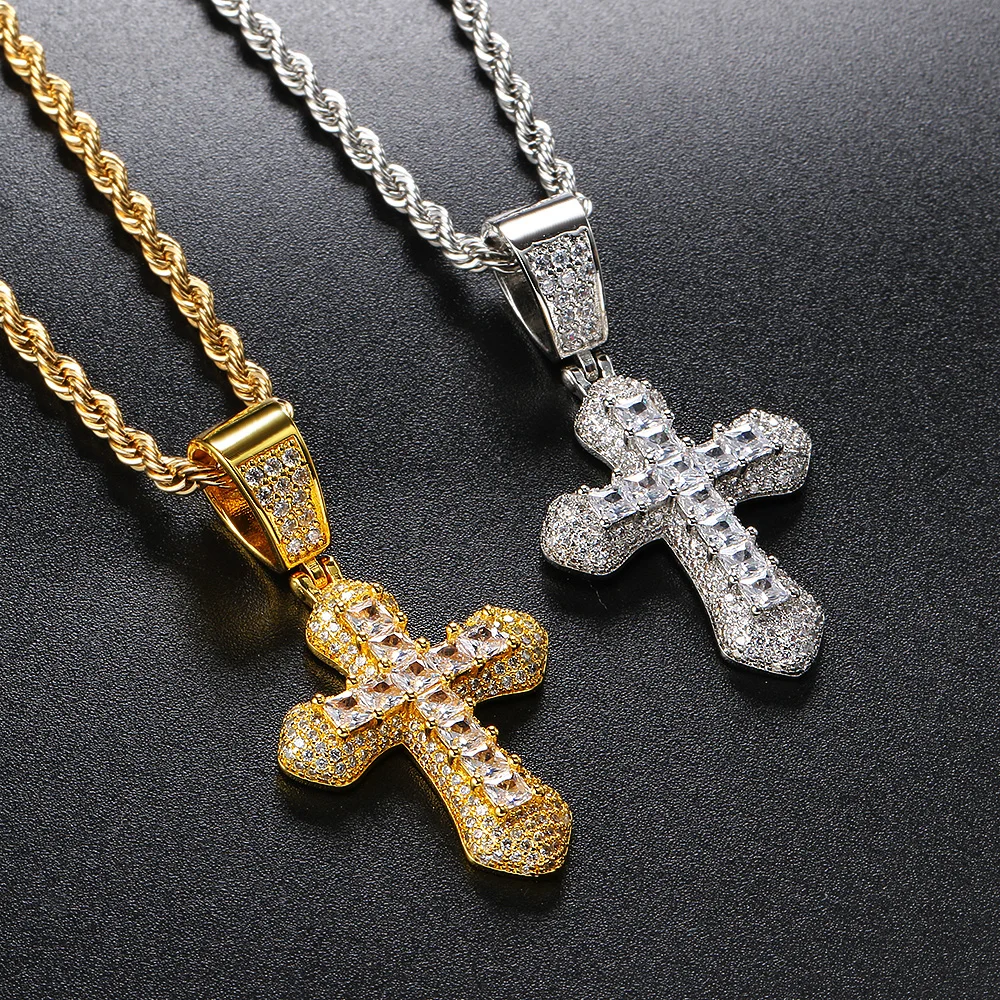 Hip Hop Cross Necklace For Men AAA+ Cubic Zirconia Iced Out Pendant Gold Color Stainless Steel Rope Chain On Neck Jewelry OHP141