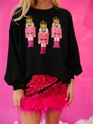 2024 Christmas Nutcracker Sequins Sweatshirt Round Neck Long Sleeve Crop Tops Loose Hoodies Streetwear New Year