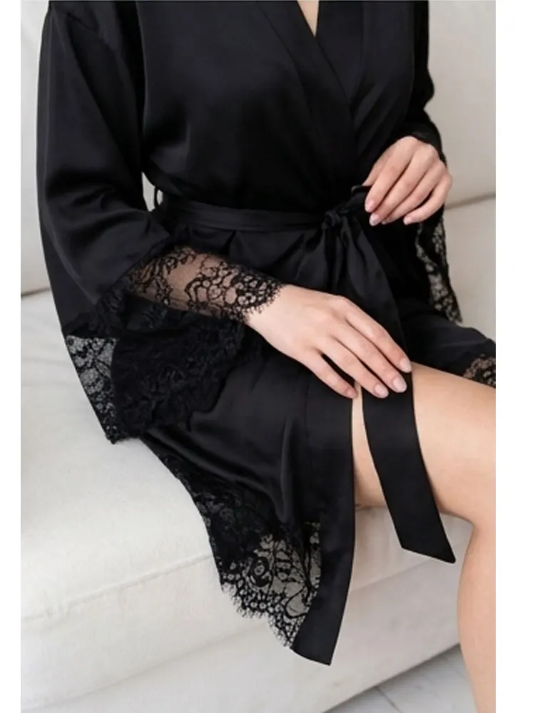 

Luxurious Black Satin Robe Embellished with Lace Silk Bridesmaids Robes Sexy Sheer Negligee Gift for Her Kimono Bridal Sleepwear