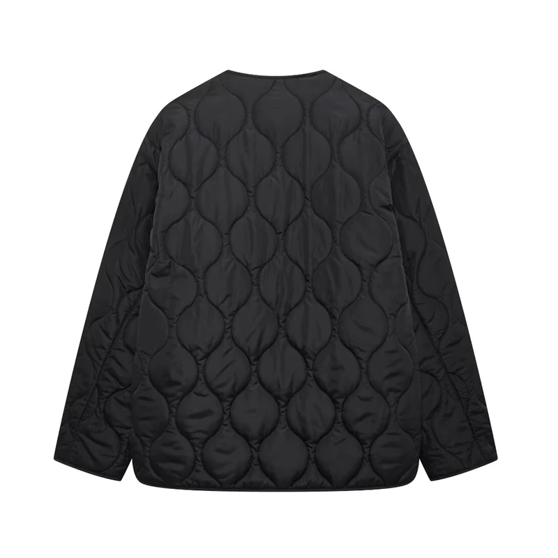 RZRA2024 winter new women's black bow-decorated round neck long-sleeved quilted cotton jacket coat straight loose