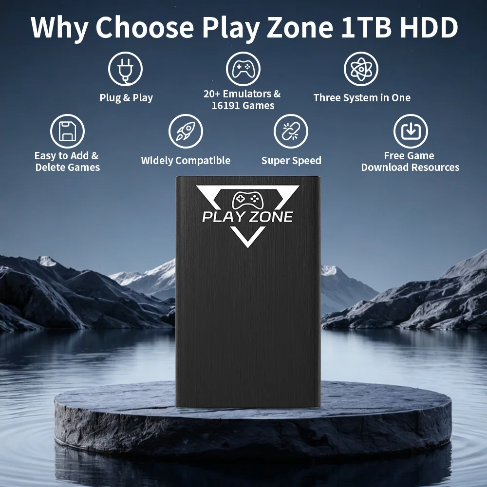 Play Zone 1TB Portable Gaming HDD for PS5/PS4/XBOX/PS3/Switch/PS2 80+Emulators Retro Game Console with 16191 Games for Wins PC