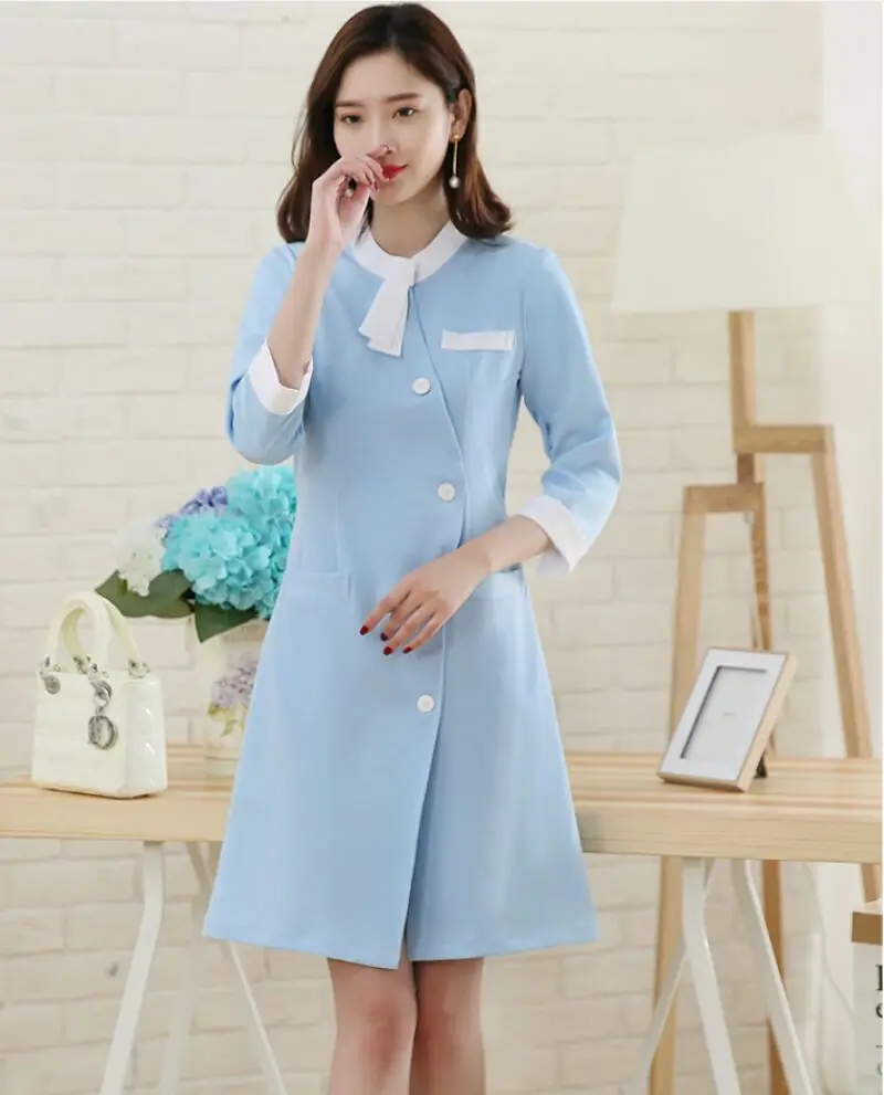 Nurse Summer Middle Sleeve Workwear Skincarer Working Uniform Women Spa Clothes With Necktie Decoration Light Blue Color