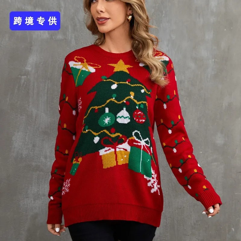 

Red Christmas Knitted Sweater Women's Round Neck Hoodie Long Sleeve Christmas Tree Cartoon Pattern Sweater Autumn New Item 2024