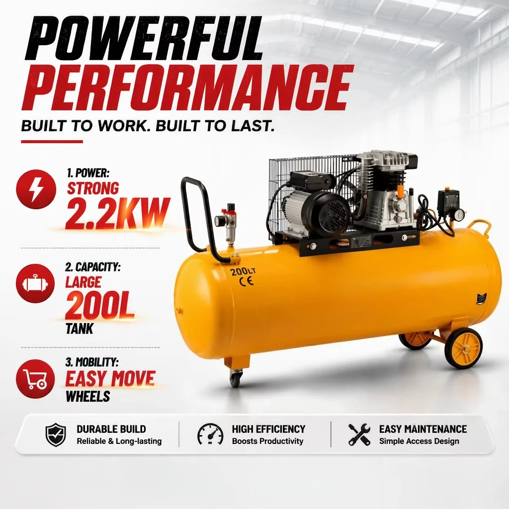 200L Portable Motor 2.2KW Lubricated Air Cooled Belt Driven Air Compressor