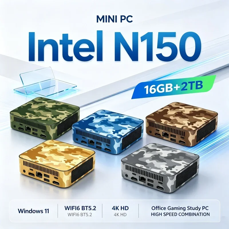 Camouflage Mini Desktop Computer Host Intel N150 16GB RAM Optional 1TB‑2TB SSD Windows 11 WiFi 6 BT5.2 For Home Office Gaming