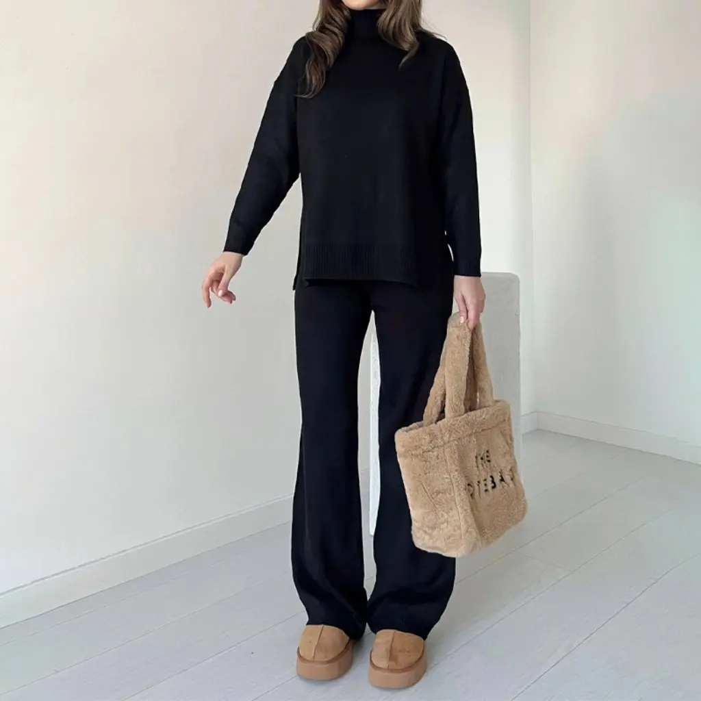 

Women's Solid Color High Neck Sweater Suit Loose Breathable Casual Commuter Wear Autumn Winter