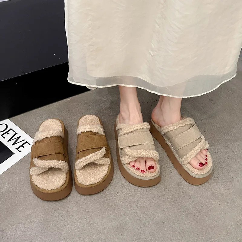 40 Beige Platform Outside Velvet Fur Warm Winter Women Slippers Shoes 2024 Autumn New Outdoor Casual Slippers Shoes Warm Shoes