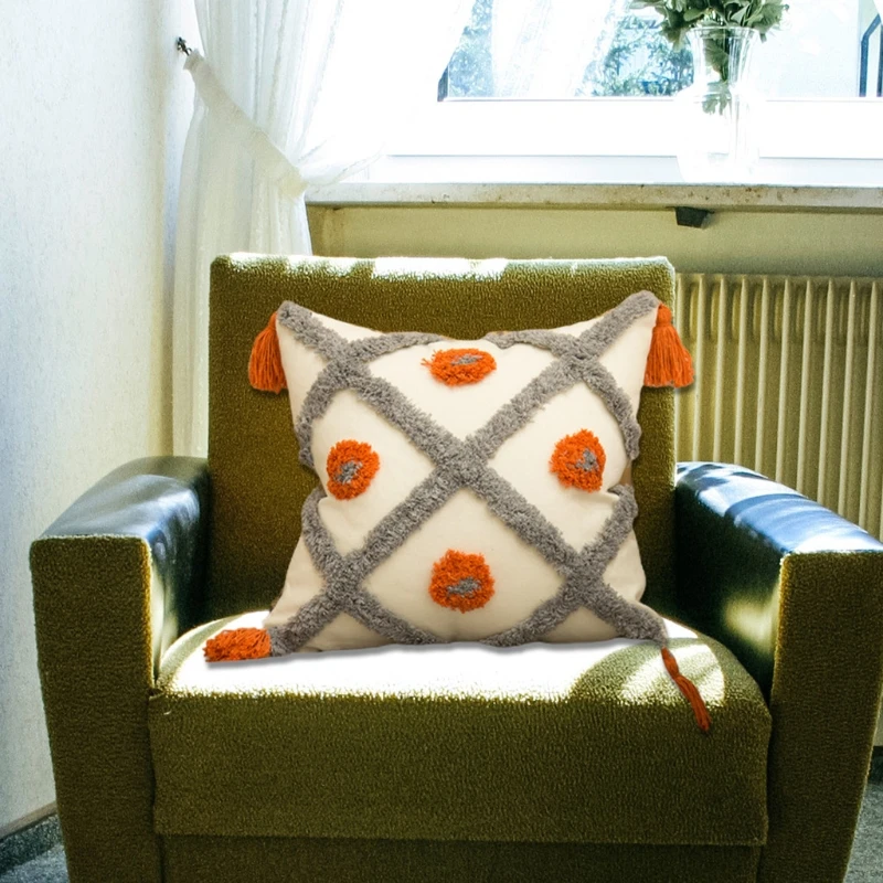 Orange Gray Tufted Pillow for Case with Tassel Boho Woven Geometric Cushion Cove M76D