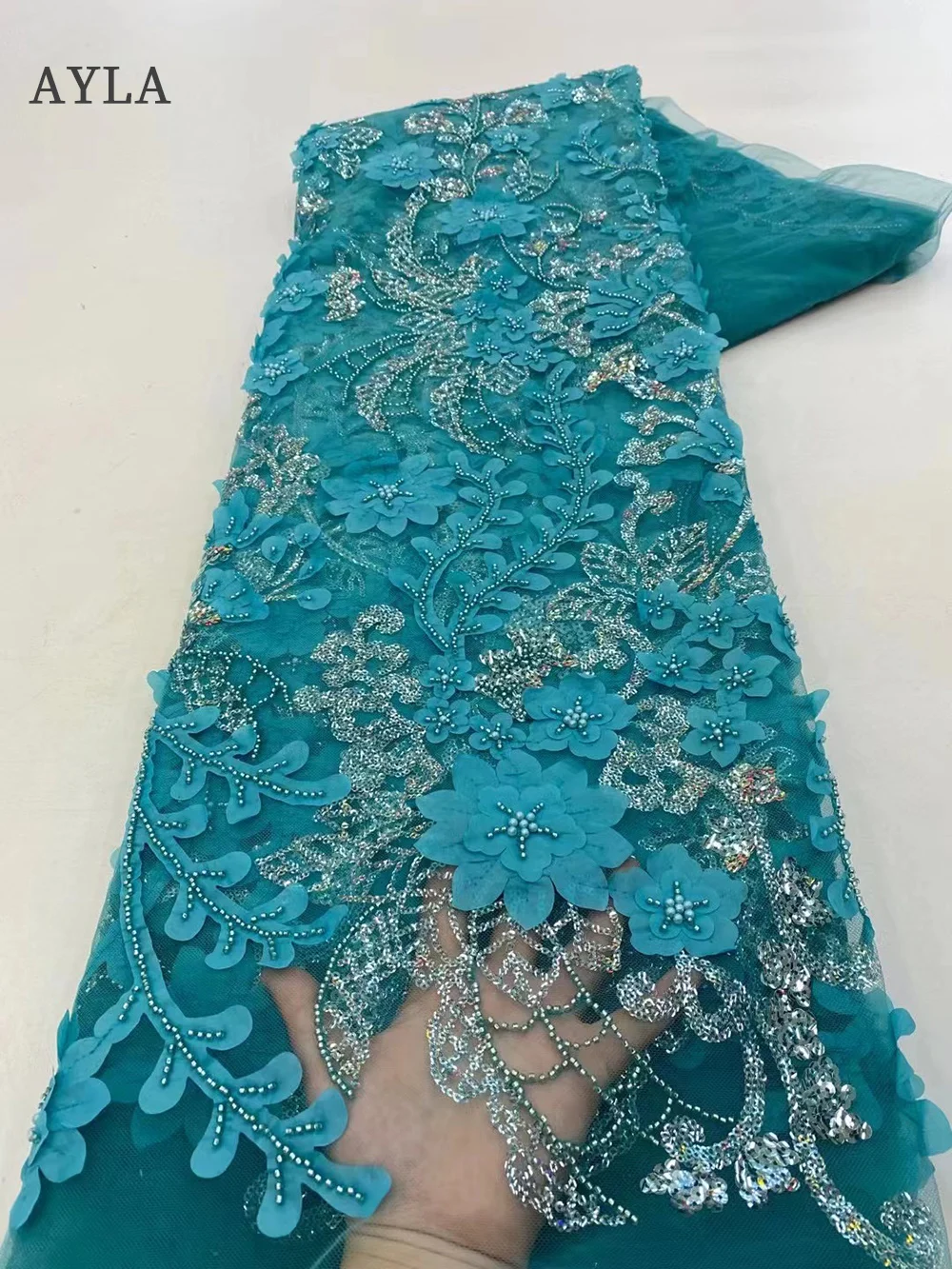 

Luxury Hand Beaded 3D Lace Fabric Flowers African French Mesh Tulle EMbroidered Sequin Lace Fabric with Pearl Lace Material 5yrd