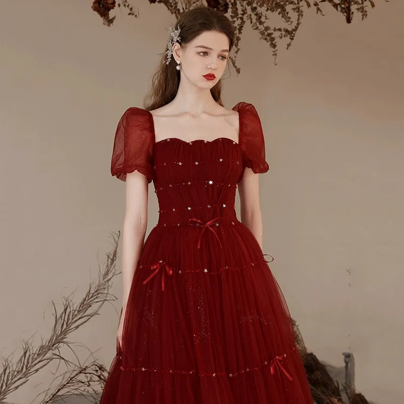 

2023 new burgundy toast dress bride wedding skinny engagement bubble sleeve princess wind evening dress women dress Slim Fit