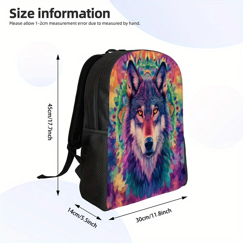 

1 2D flat print backpack with a wolf and starry sky theme. Casual backpack that shows the silhouette of a wolf in starlight.