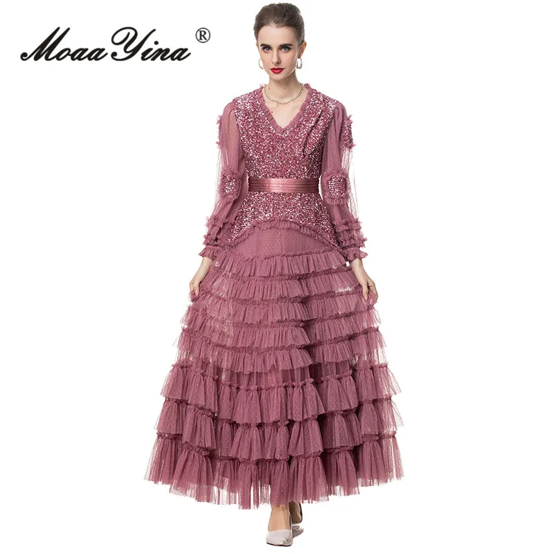 MoaaYina Vestido feminino de malha de renda com decote em V manga lanterna em camadas plissado lantejoulas patchwork S-4XL ﻿