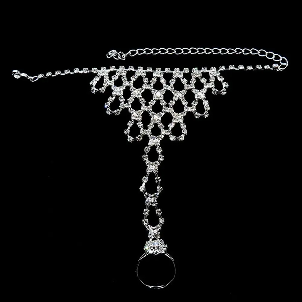 

Wedding Dance Jewelry Hand Harness Charm Women Girl Chain Link Bracelet Rhinestone Bangle Connected Finger Ring Bridal Bracelet