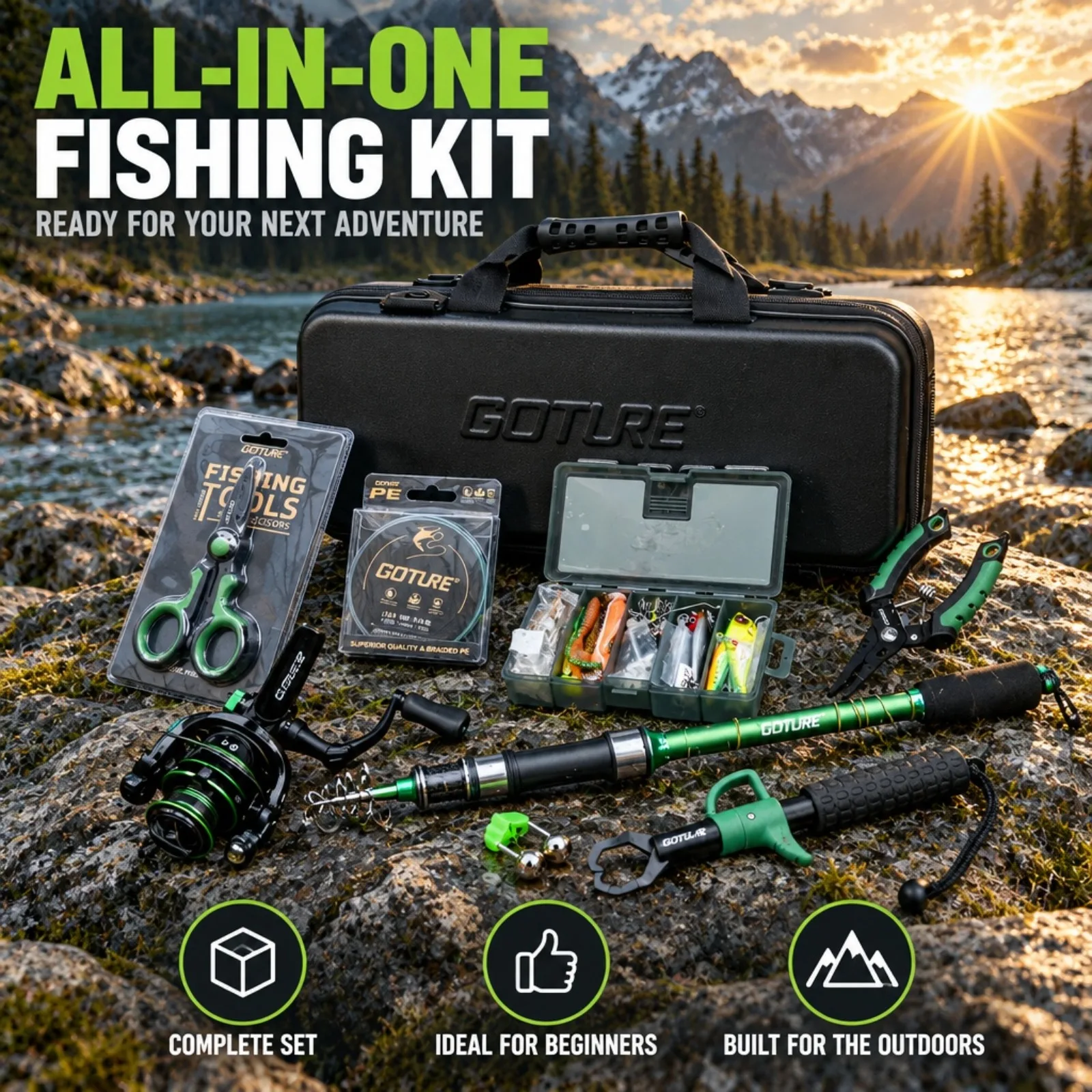 Goture Telescopic Carbon Fishing Rod Spinning Reel Full Kit, Portable Storage Case with Lures,Plier,Gripper,Line Tool Accessorie
