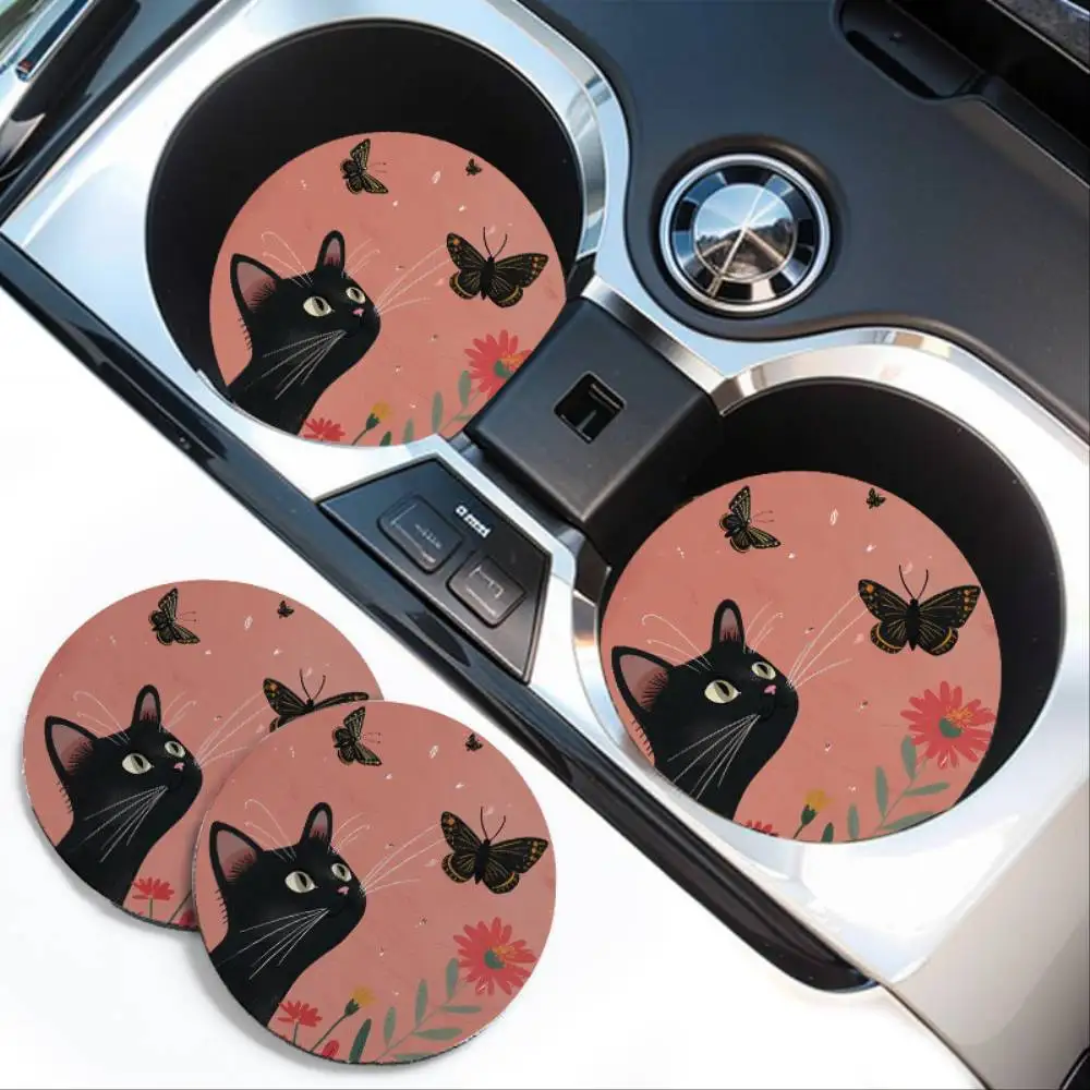 Cat & Butterfly EVA Car Cup Holder Coasters 2pcs Non-Slip Drink Mats For Vehicle Interior Accessories