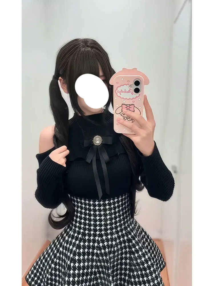 

New Arrival Black Knot Shoulder Bared Sweater And High Waist Plaid Skirt Two Piece Set for Women Spring Fashion