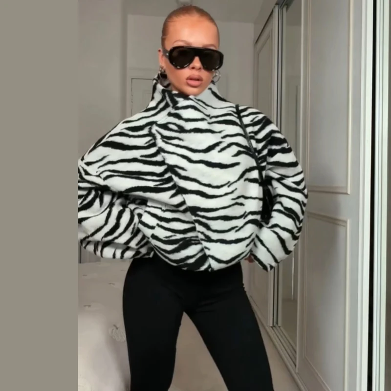 High Neck Zebra Print Oversized Pullover Women Wrap Collar Long Sleeve Loose Fit Street Fashion Casual Sweatshirt Trendy Tops