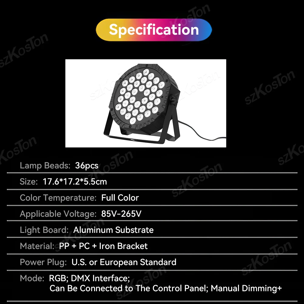 Full Color LED Flat Par Luz de Palco, 36W, RGB, 3-em-1, DMX512, Controle Remoto para Festa de Disco, Dance Floor, Decor Show