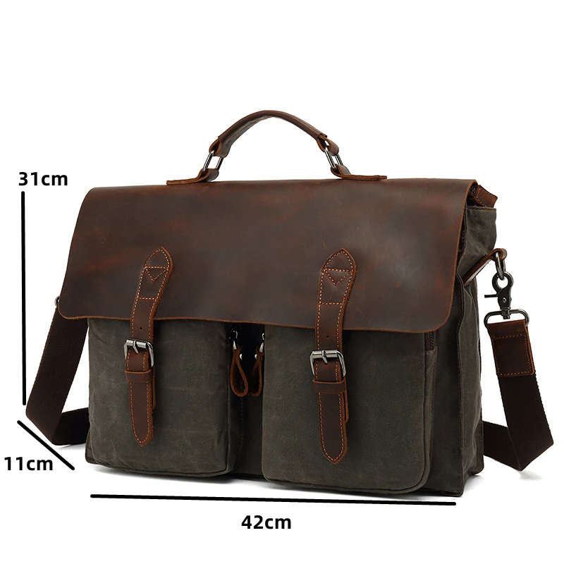 Jamhoo Vintage Canvas Men Laptop Briefcase Retro Leather Shoulder Crossbody Bags Waterproof Bag Business Leisure Bag Handbag