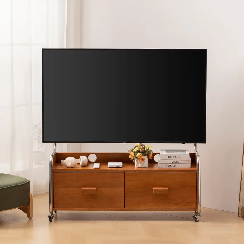 

Living room bracket metal monitor solid wood TV stand movable TV cabinet