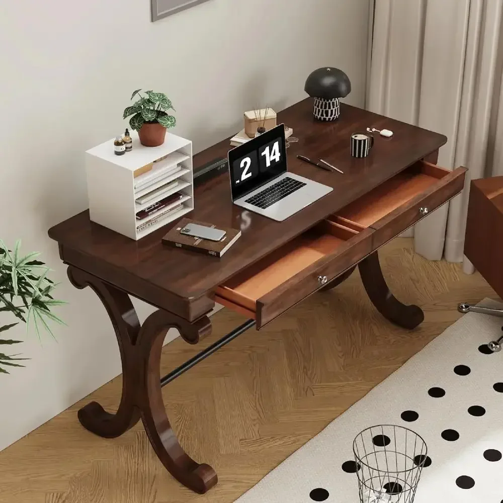 Solid Cherry Wood Writing Desk with 2 Drawers, 47.2 Long Traditional Curved Leg Secretary Desk for Home Office