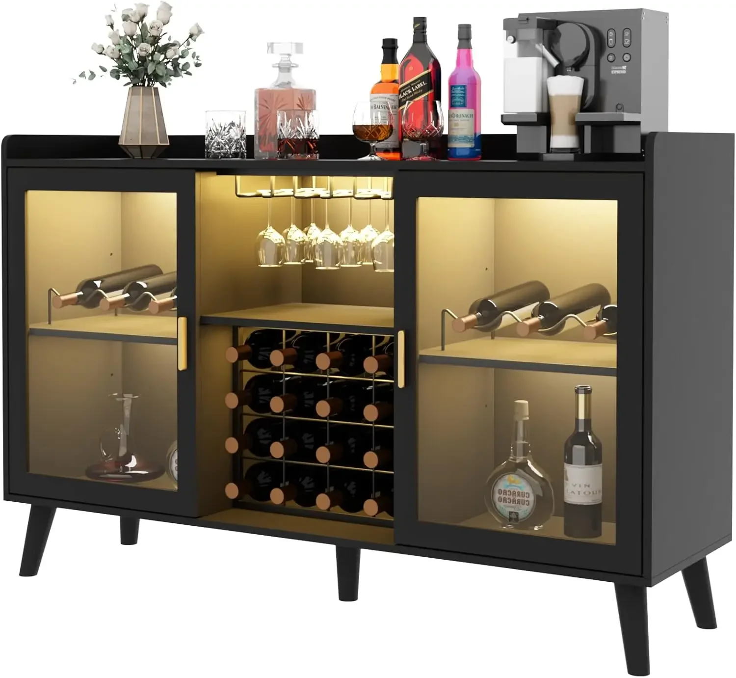 Cabinet with Led Light, Home Coffee Cabinet with Wine and Glass Rack, Kitchen Buffet Sideboard with Storage Shelves