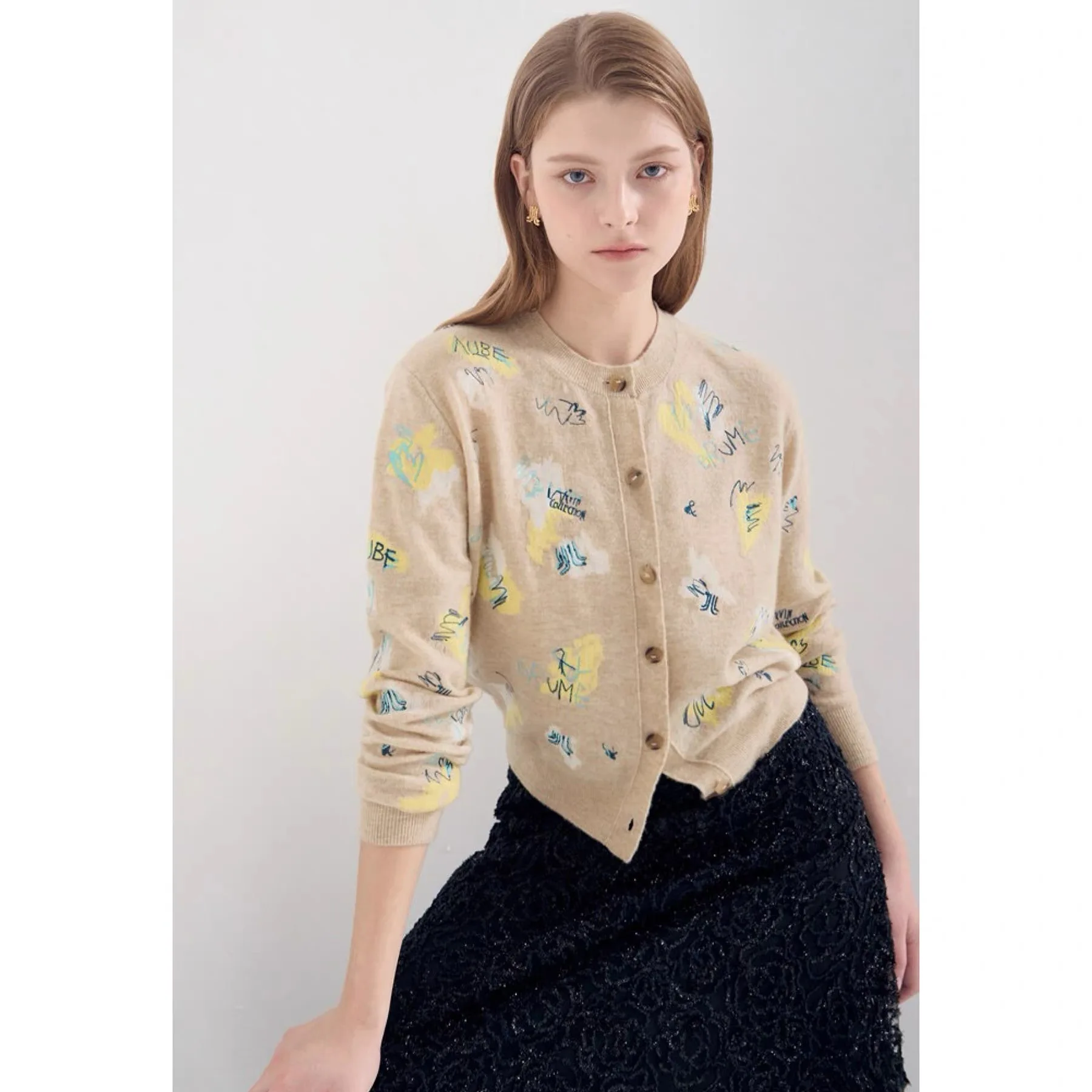 

Lemon Cheese LAN25 Осенний повседневный круглый шерстяной вязаный открытый кардиган с вышивкой букв для похудения, женский свободный кардиган для поездок на работу...