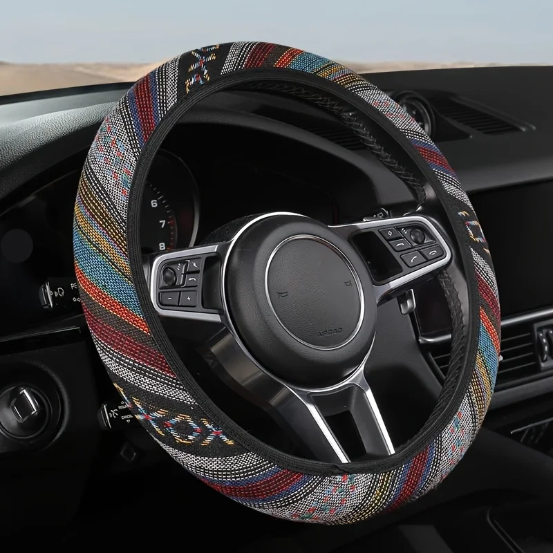 1PC Bohemian Style No Inner Ring Car Steering Wheel Cover, Wear-Resistant and Breathable, Suitable for 14.5-15 Inches