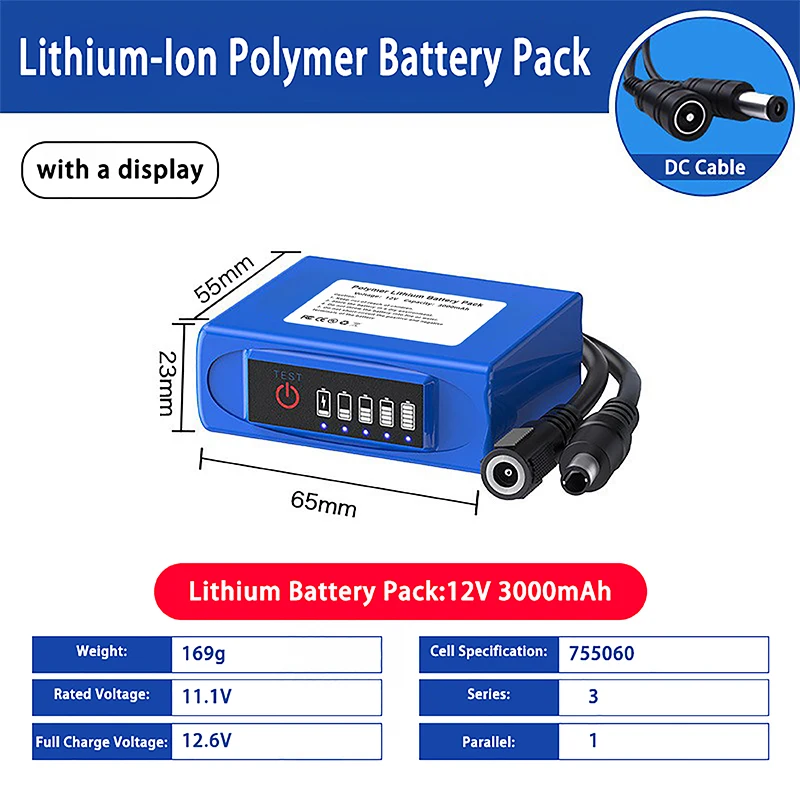 

12V 3000mAh Lithium Polymer Battery Pack with Display Screen Rechargeable Pack for LED Lighting DIY Tools