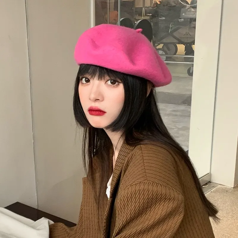 Wool Beret Female Retro Big Head Bib Black Painter Autumn And Winter Wool Wool Wool Wool Hat Bud Cap