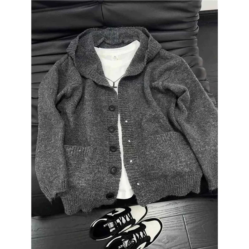 

Мужской кардиган American Cleanfit: свободный вязаный свитер с капюшоном для осени и зимы, повседневная одежда