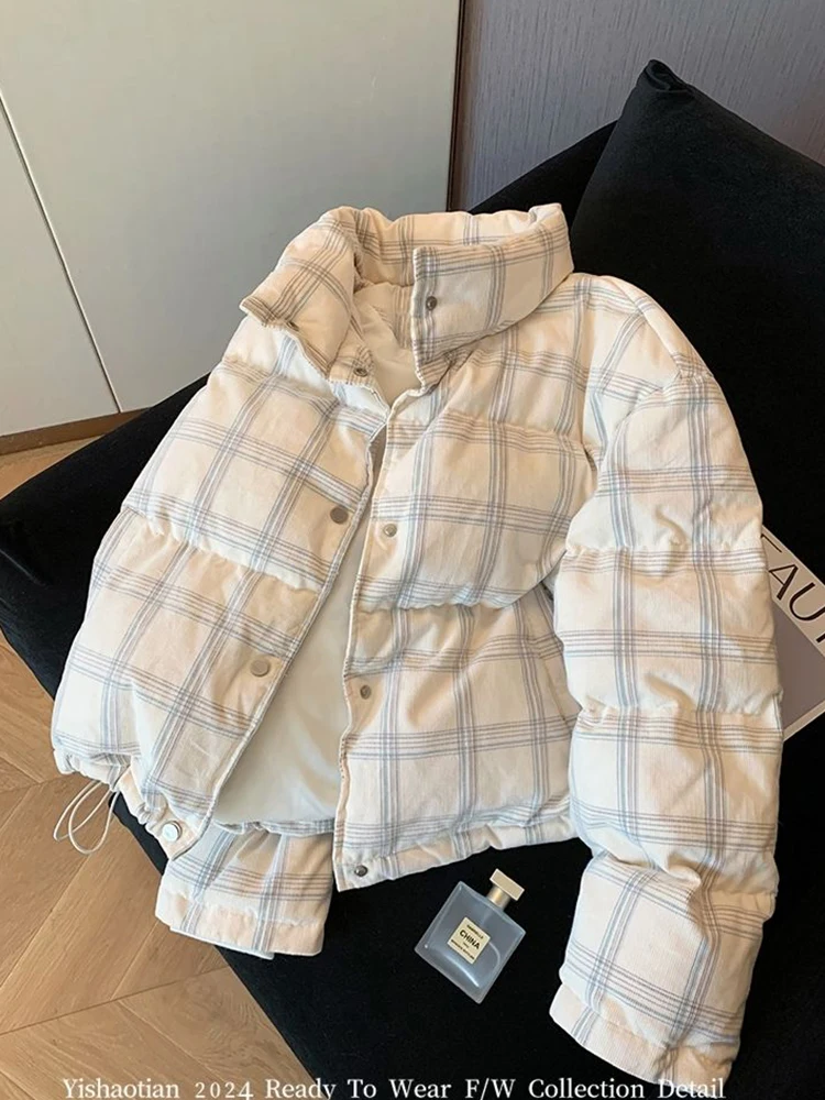 Zoki ريترو سروال قصير منقوش سترات نسائية فضفاضة حلوة كم طويل خمر منتفخ معطف Preppy نمط الشتاء الوقوف طوق سترة الكورية