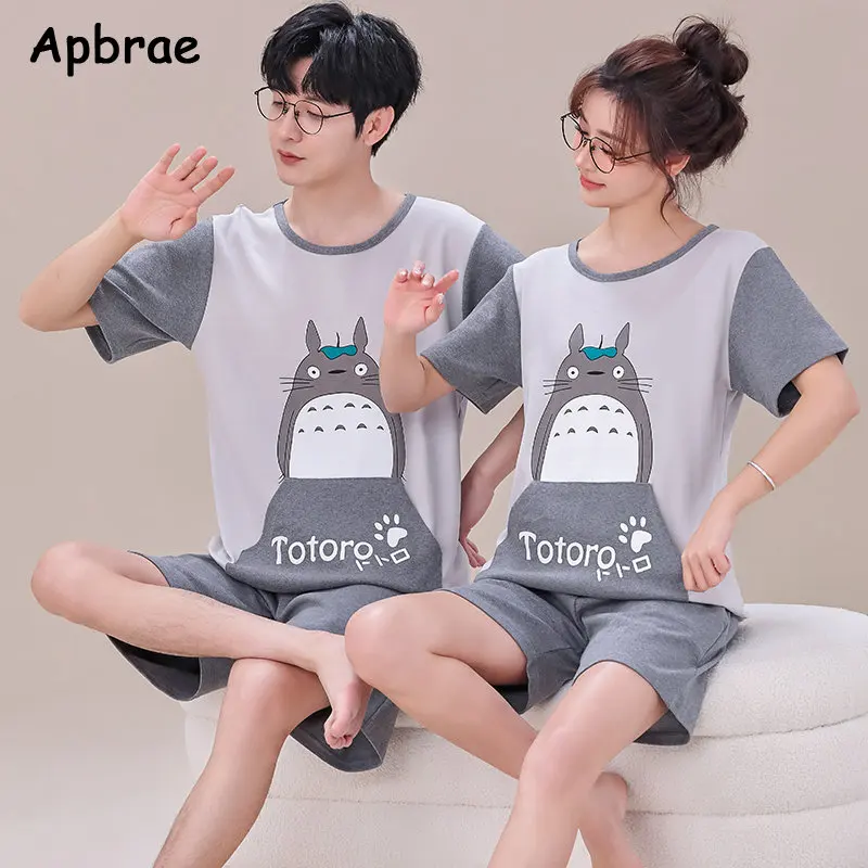 Pijamas de manga corta para parejas jóvenes, pantalones cortos de punto de algodón transpirable, ropa de estar por casa con estampado de oso de