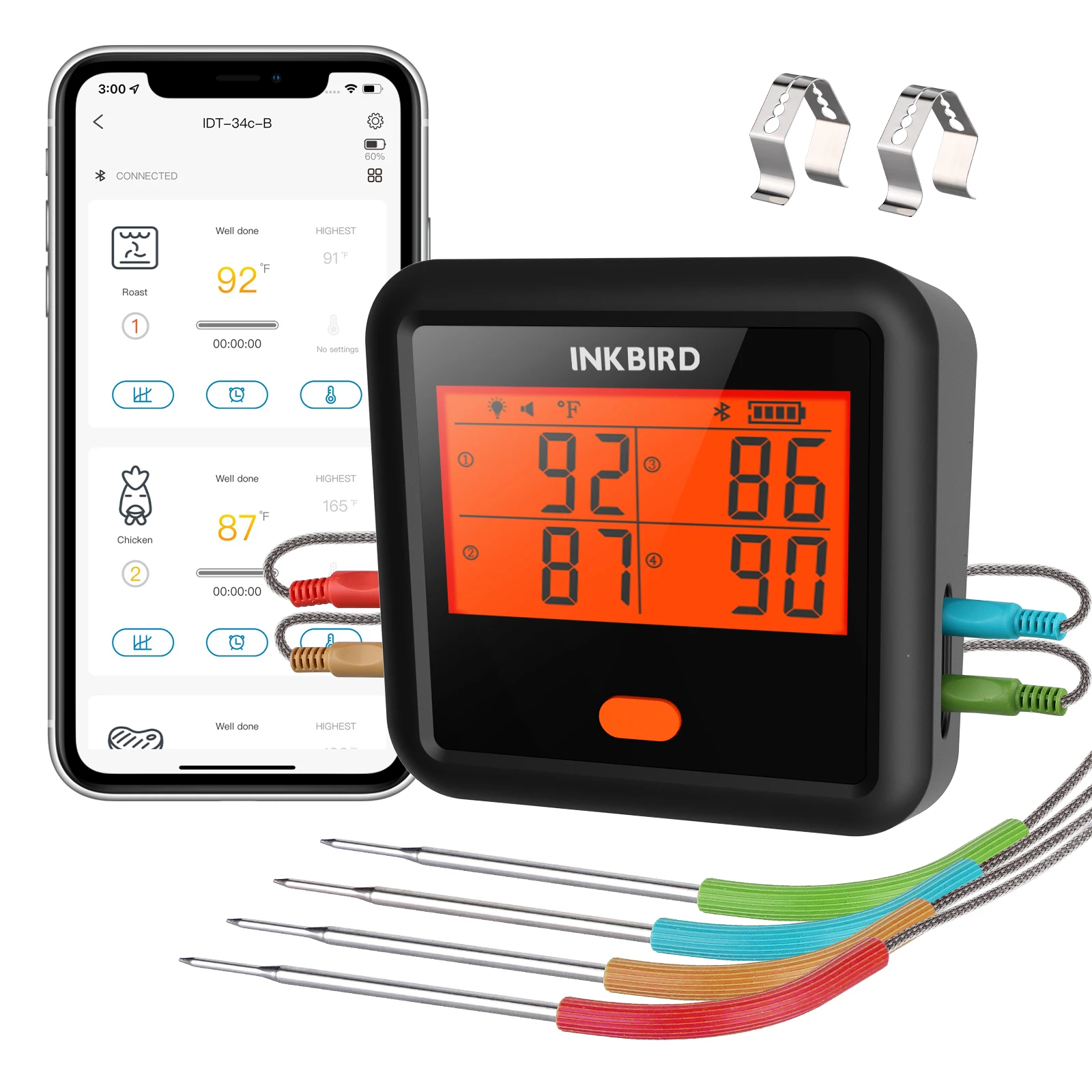 INKBIRD Meat Thermometer IDT-34c-B Bluetooth Grill Thermometer with 4 Meat Probes LCD Free App Control for Grilling & Smoking