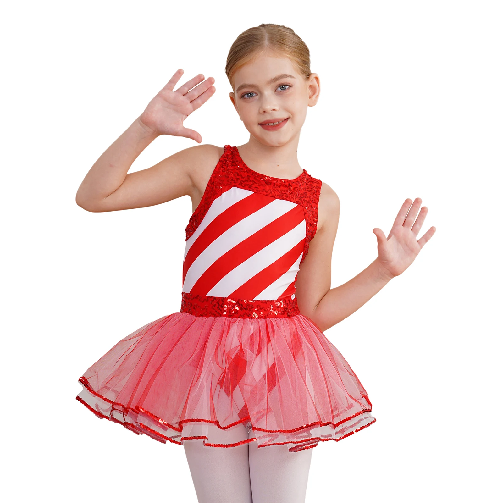 Girl Christmas Dance Costume Sleeveless Hollow Out Back Sequins And Mesh Patchwork Striped Bow Tie Poncho Dress Jumpsuit