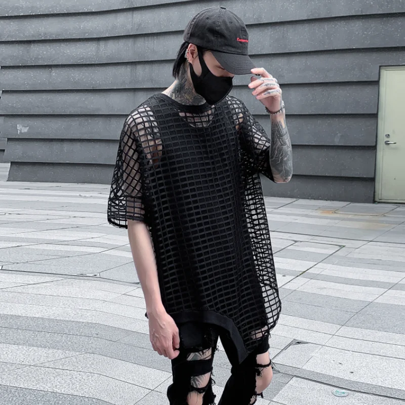 HKSH Spring Summer New Dark Hollow Out Men\'s Tide Mesh Tees Short Sleeve Trendy Chic O-Neck Pullover T-shirts Irregular HK0145