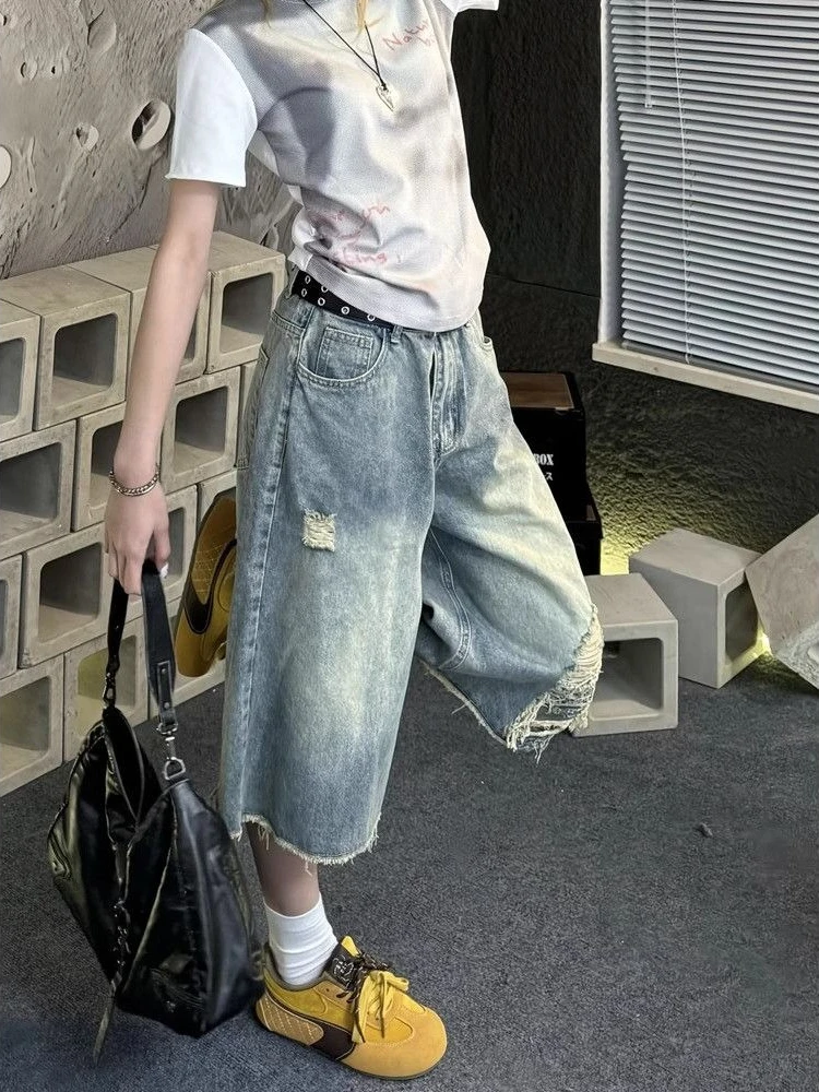 HOUZHOU Vintage Blue Ripped Short Jeans Women Y2k Grunge Oversize Distressed Jorts American Retro Baggy Denim Shorts Streetwear