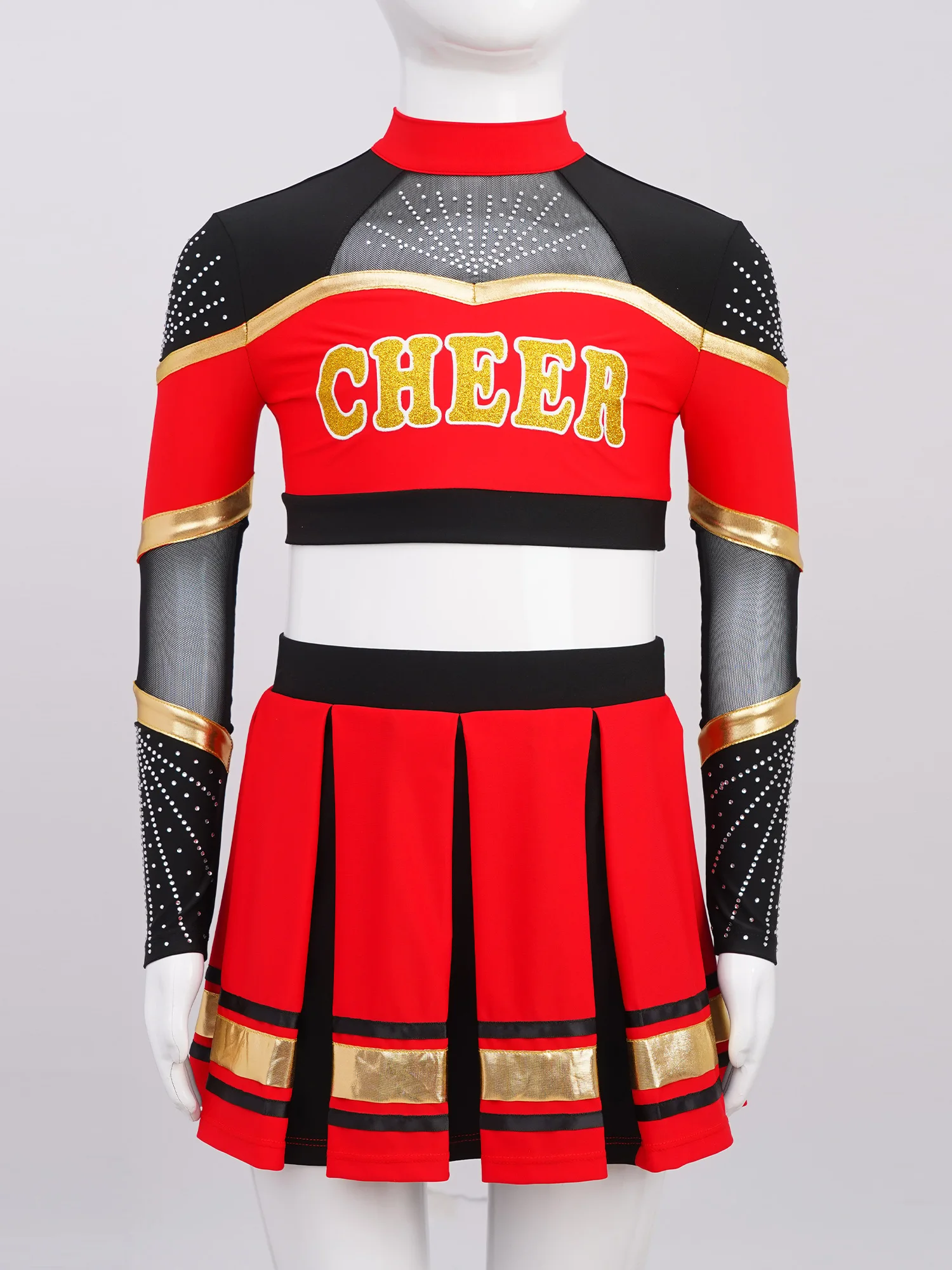 Kids Girls Cheer Leader Costumes Cheer Leading Uniforms Long Sleeves Crop Top Pleated A-Line Mini Skirt Performance Dance Dress