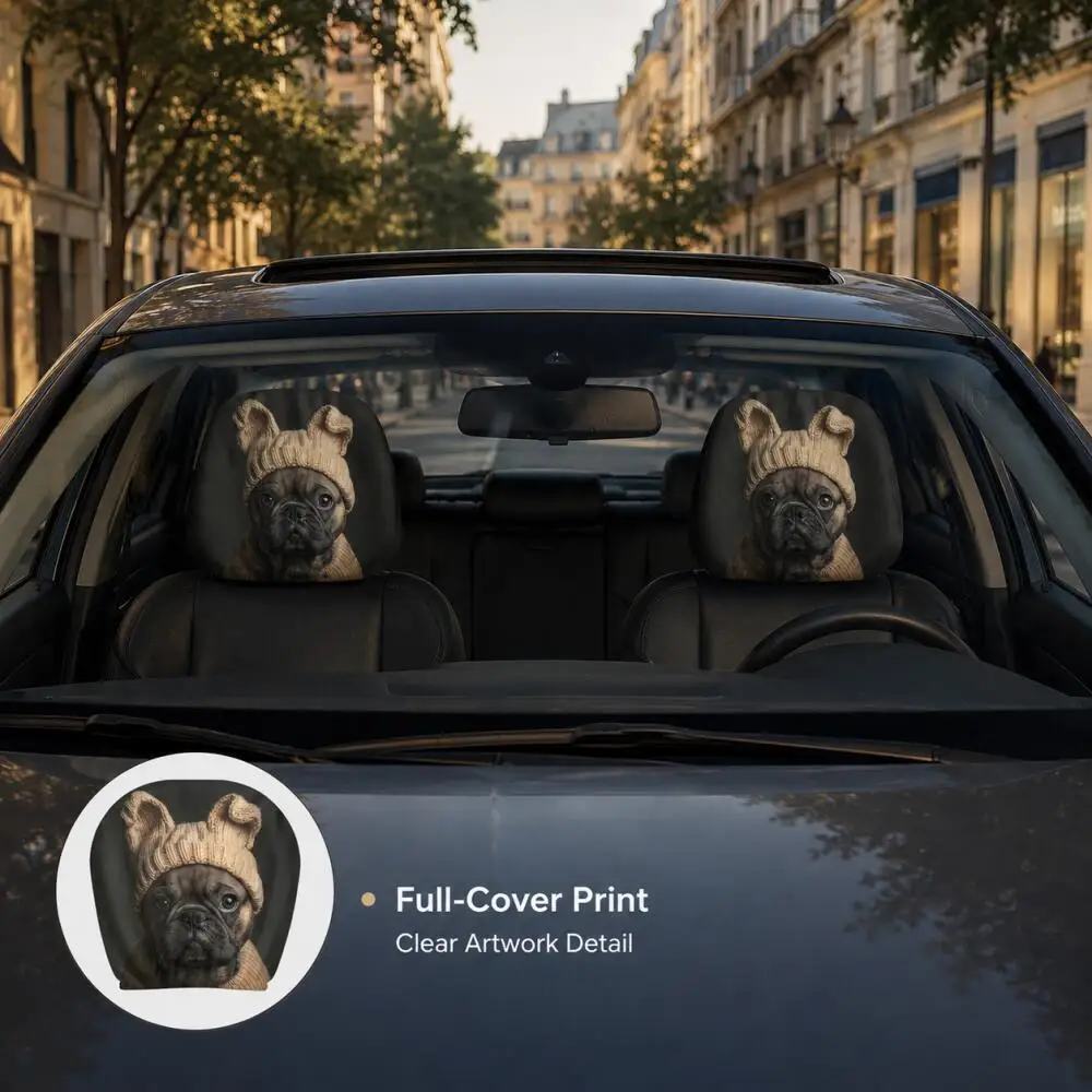 2PCS Cozy Pug Beanie Car Headrest Covers 2D Flat Cute French Bulldog Knit Hat Gray Auto Protector Dog Lovers Universal Fit