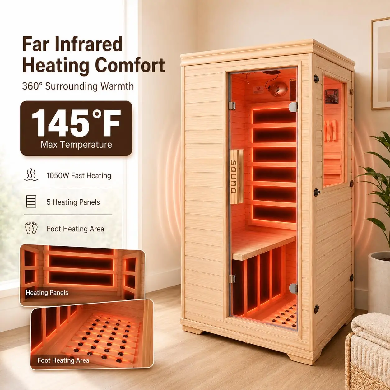 Far Infrared Sauna for 1 Person - 1050W Fast Heating, Canadian Hemlock Wood Home Sauna with Bluetooth Speaker,, Customized