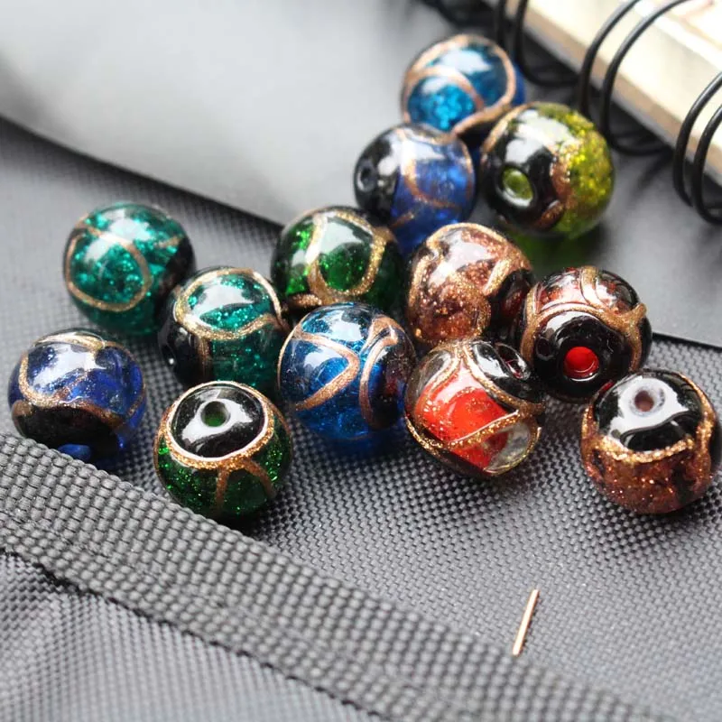 10Pcs 10 12mm Lampwork Glass Beads Round With Gold Drawing Multi-color for Jewelry Bracelet Necklace Earring Craft DIY Charms